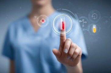 Healthcare worker interacts with a virtual screen showing medical icons and a blood sample vial. Focus on medical technology and diagnostics
