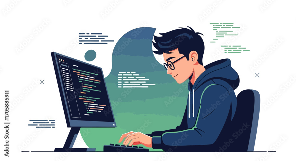 Wall mural young professional working on code with computer, focusing on software development