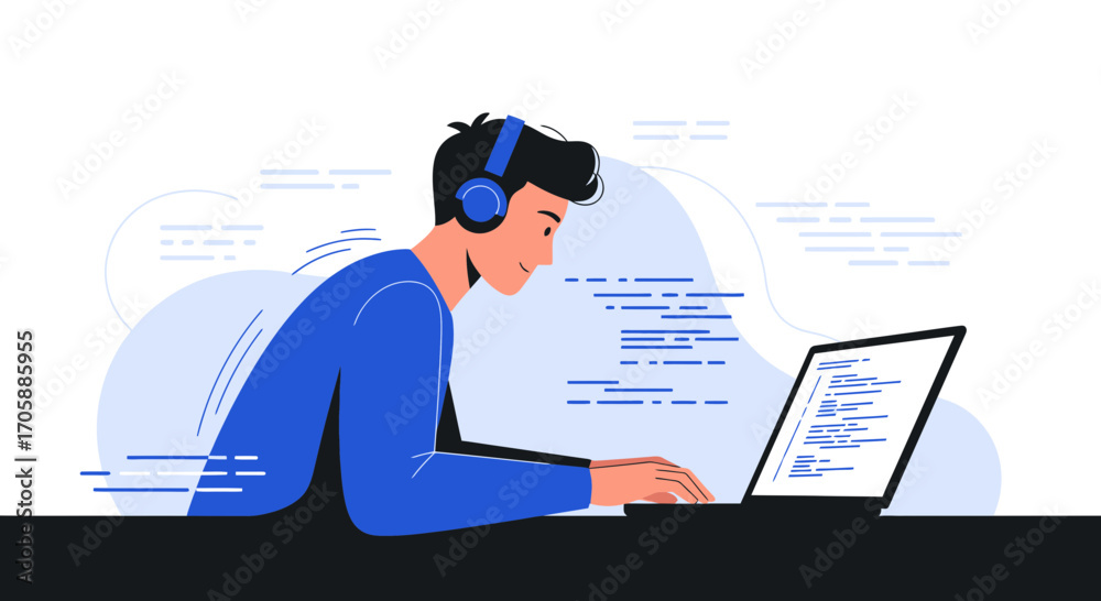 Wall mural young programmer focused on codes and listening to music while working on laptop
