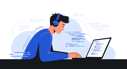 Young Programmer Focused On Codes And Listening To Music While Working On Laptop
