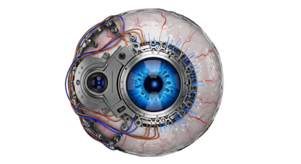 A detailed illustration of a futuristic eye, showcasing intricate mechanical components and a vibrant blue iris.