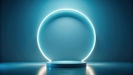 Abstract Cylindrical Pedestal with Glowing Oval Neon Light Frame in a Modern Studio Setting