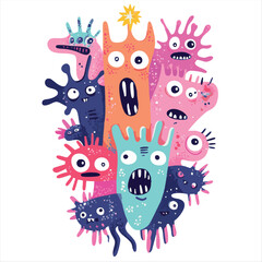 Cute, cartoon microorganisms.  A vibrant collection of fantastical, friendly, germ-like creatures in various colors