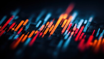 Abstract view of pixelated red & orange data patterns against a dark background, resembling graphs and charts. Depth of field blur effect