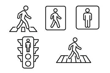 Pedestrian Icons Set – Crosswalk, Traffic Light, Walk Symbols