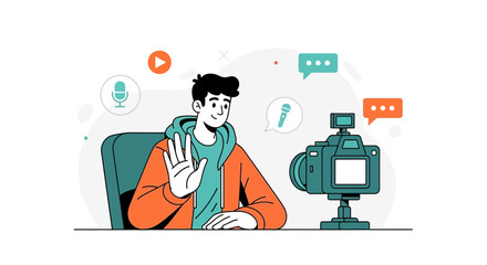 Young Vlogger Broadcasting Live, Making Video Content with Modern Camera Equipment