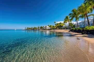 Tranquil turquoise water gently kisses the golden sand beach with palm trees lining the white coastal buildings under a bright blue sky