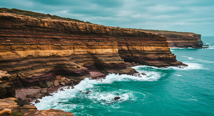 An aerial view of a beautiful coastline with layered sandstone cliffs and stunning turquoise ocean water on a sunny day.