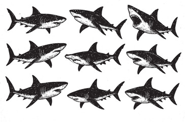 Shark Silhouette Vector Set | Black and White Shark Illustration Collection for Design