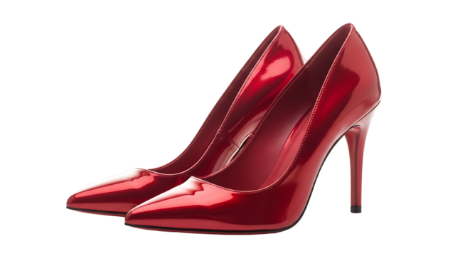 Pair of high-heeled, pointed-toe pumps in vibrant red patent leather, showcasing a glossy finish against a stark black background.