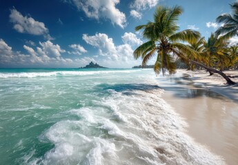 Tropical paradise with azure water gently caressing a white sand beach shaded by leaning palm trees beneath a partly cloudy blue sky