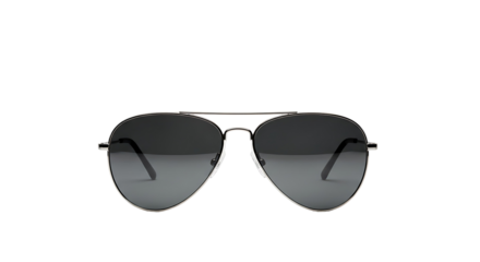 Stylish aviator sunglasses with a dark gray tint are presented against a stark black backdrop.