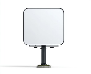 A minimalist, isolated billboard with rounded corners, set on a pedestal with sparse greenery, against a stark white background