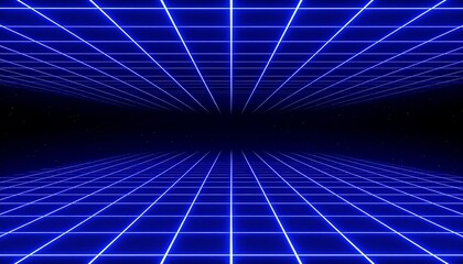 A neon blue grid fades into a dark expanse, evoking a digital realm with a starry backdrop