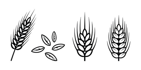 Obraz premium Wheat Ears and Grains Set Black Outline Vector Illustration