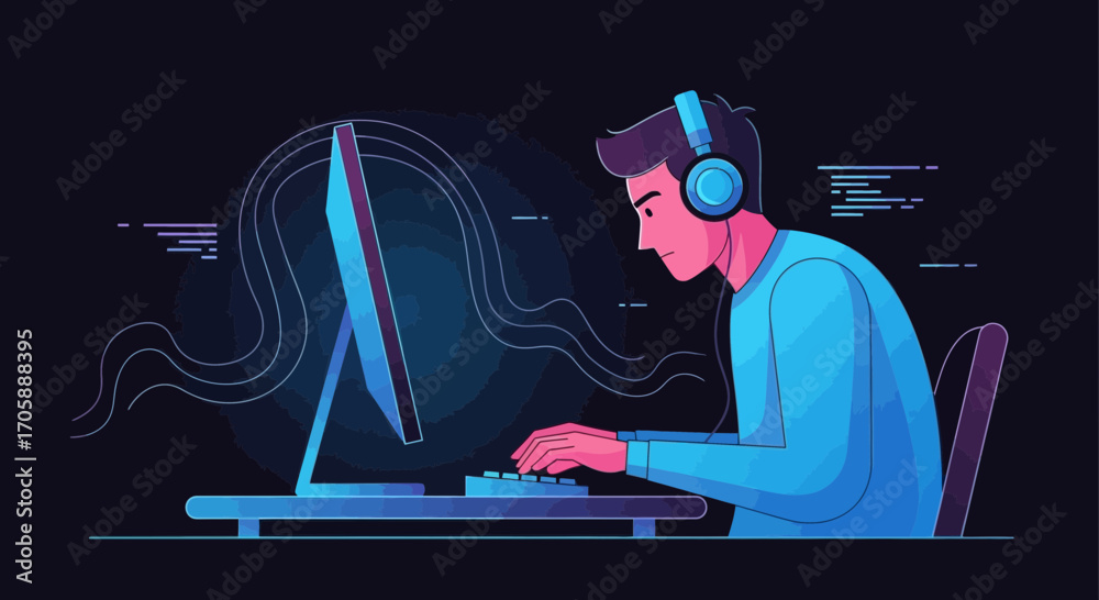 Wall mural digital workspace illustration: a programmer focused at work, immersed in coding