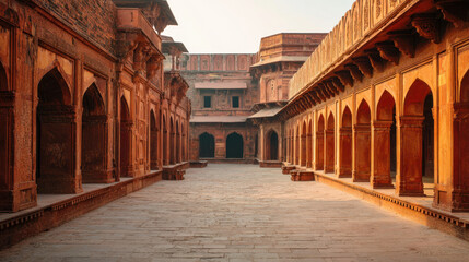 Obraz premium Captivating sunset glow illuminates ancient courtyard architecture india - stunning photography of historic beauty and serenity