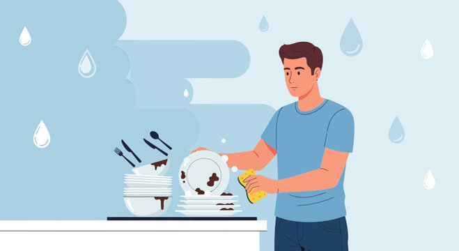 Diligent Individual Washing Dishes During Water Showers in a Domestic Environment Illustration