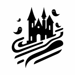 Haunted house silhouette with gothic castles, bats and pumpkins for Halloween design.