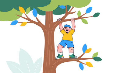 Naklejka premium Youngster Climbing Tree Enjoying Day Outside, Outdoor Activities, Child Illustration