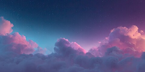 Naklejka premium Ethereal photorealistic nighttime sky with soft clouds and neon aurora gradient, stars faintly visible