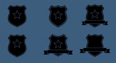  Badge Templates with Black Patch Silhouettes Isolated on White Background Featuring Police Badges, Shields, Labels, and Emblem Vector Illustrations