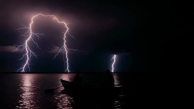 Catatumbo lightning storm illuminates dark lake as fishermen watch in awe at night.