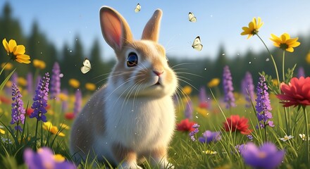 Cute Rabbit in Flower Meadow with Butterflies