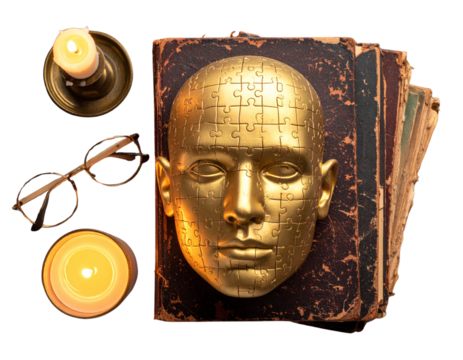 Golden Puzzle Piece Human Head with Books and Candlelight