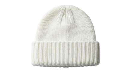 A simple, ribbed, off-white knitted beanie sits against a black background.