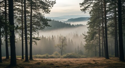 A view of a misty forest with tall trees and mountains covered in fog in the background on a cloudy day