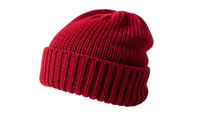 A vibrant crimson beanie with ribbed knit texture is presented against a stark black background.