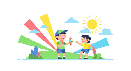 Youngsters Enjoying Ice Cream On A Sunny Day In Bright, Playful, Creative Illustration