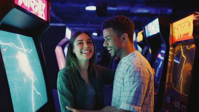 Low-angle shot floor looking up couple laughing leaning while vintage arcade machine. pixel CRT screen. A summer thunderstorm rumbles briefly neon arcade interior intensity contrast playful romance