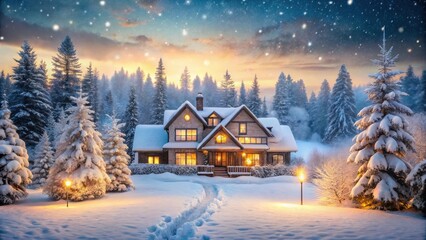 Fototapeta premium A Cozy Winter Wonderland Snow-Covered House Illuminated at Dusk Surrounded by Majestic Evergreens