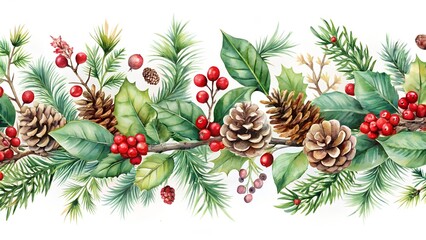 Photo of seamless watercolor border with pine branches, holly leaves, pine cones, and red berries, perfect for christmas and winter holiday decorations