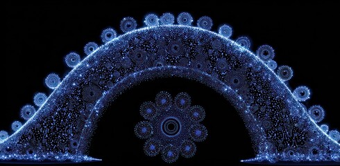 An intricate digital illustration features a glowing blue semi-circular bridge-like structure dotted with floral patterns on a black background