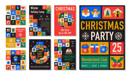 Fototapeta premium Christmas and New Year Poster Set. Geometric Mosaic Holiday Flyers and Banners