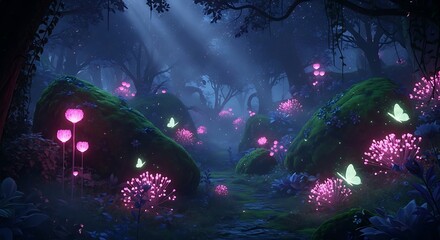 Glowing Flower and Butterfly in Mystical Forest