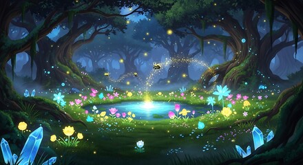 Fantasy Forest Pond with Glowing Elements