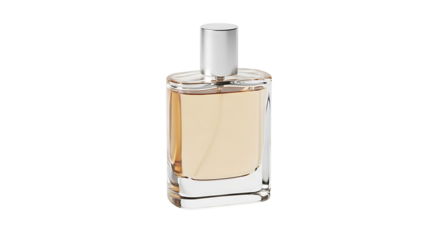 A rectangular glass perfume bottle with a light beige liquid inside and a silver cap is displayed against a black background.