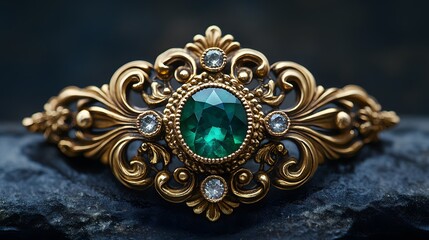Obraz premium The ornate golden brooch features a central oval emerald surrounded by delicate scrolls and small diamonds, set against a dark textured stone background.
