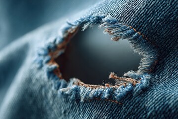 Close Up of Distressed Blue Denim with a Hole