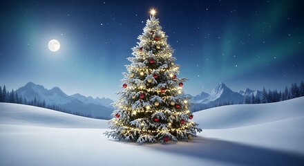 Christmas Tree in Snowy Landscape Under Aurora