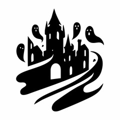 Haunted house silhouette with gothic castles, bats and pumpkins for Halloween design.