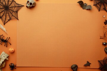 Halloween background with skulls, bats, spiders, cobwebs and pumpkins on orange surface with blank center, perfect for invitations, banners, and seasonal marketing