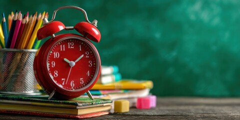 Still life with a red alarm clock resting on books beside colorful pencils against a green chalkboard background, evoking school vibes