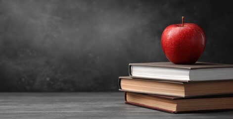 A stack of three closed books topped with a ripe red apple sits on a grey surface, with a blurred dark grey backdrop