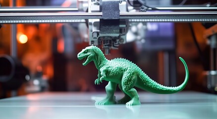  Print head of a 3D printer machine creating a green toy lizard model at a modern sci-fi technology exhibition, industrial revolution 4.0 additive manufacturing futuristic concept.