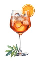 Aperol spritz cocktail in a wine glass with ice, orange slice, and leaves